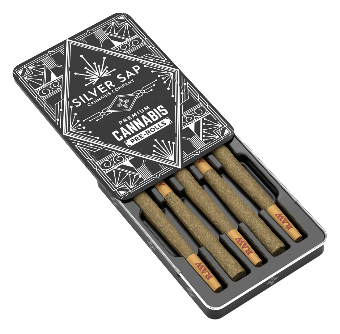 The Silver Sap 5-pack tin with its lid slid open, showing five pre-rolls.